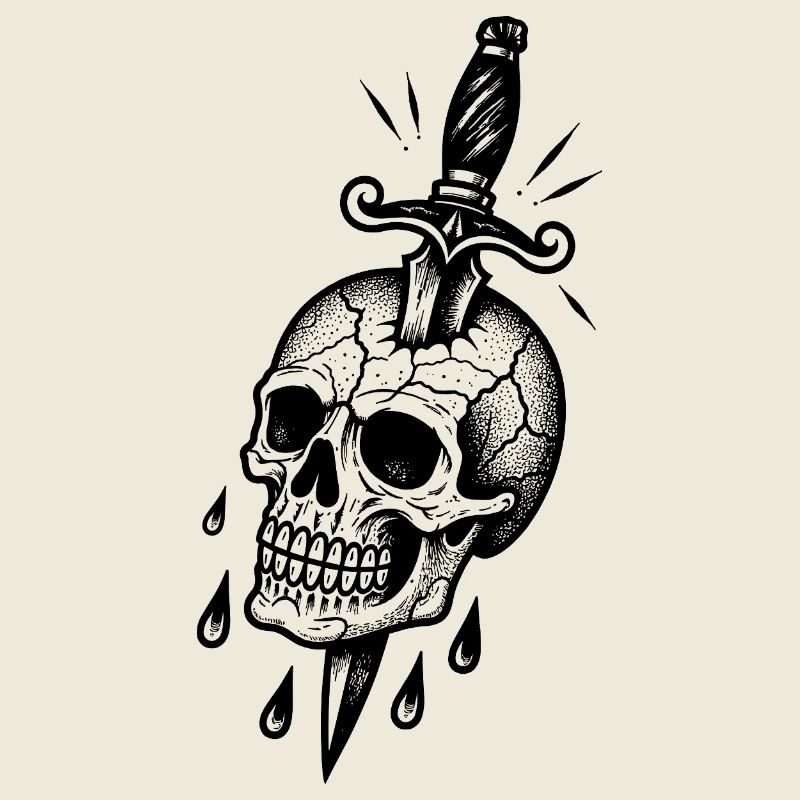 Cracked skull with a dagger