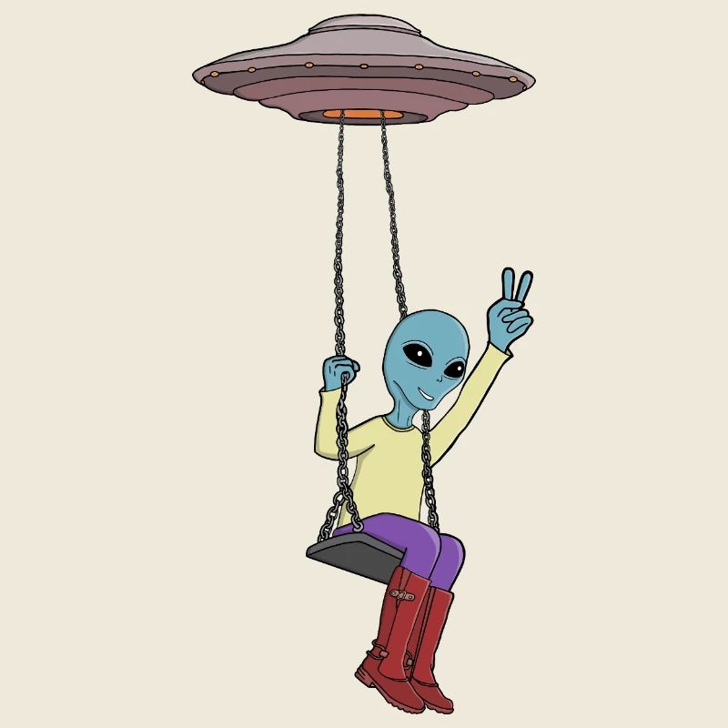 Außerirdischer schwingt mit UFO und Peace-Zeichen