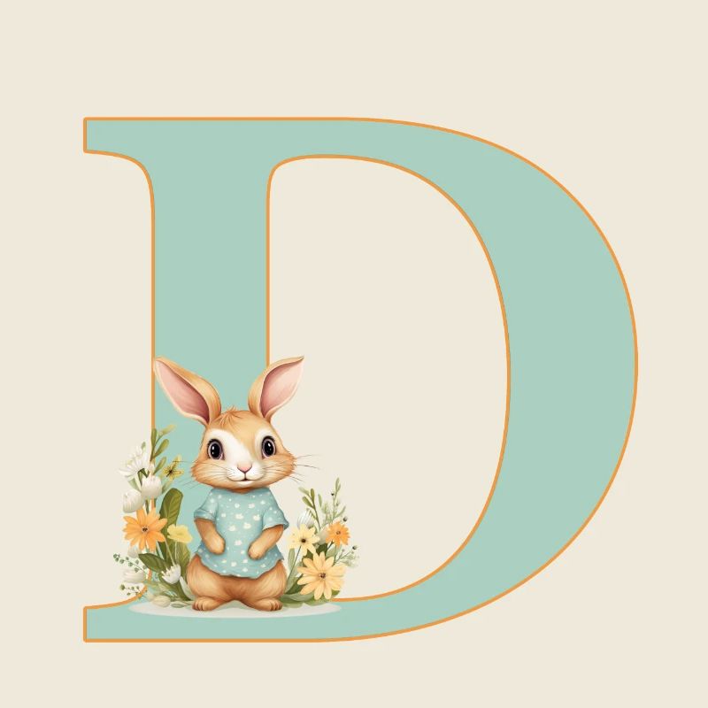 Letter D, Monogram, Flowers, Bunny
