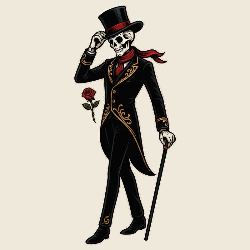 Skelett-Dandy mit Rose im Vintage-Stil