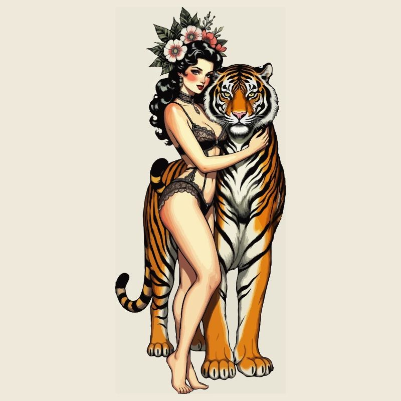 Pin-up-Mädchen mit Tiger