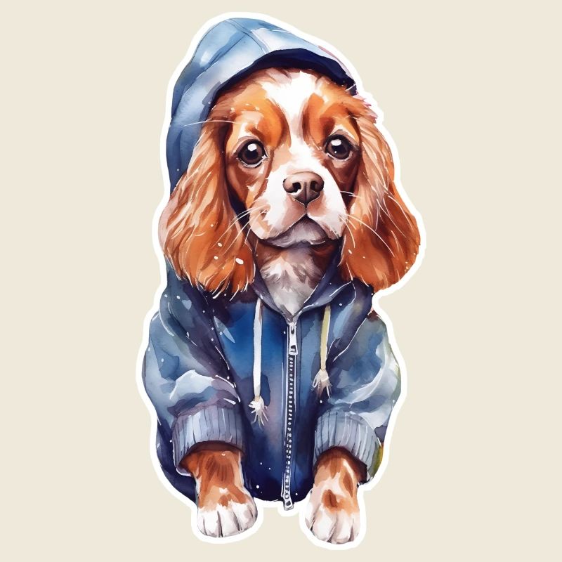 Funny spaniel in dog clothes.
