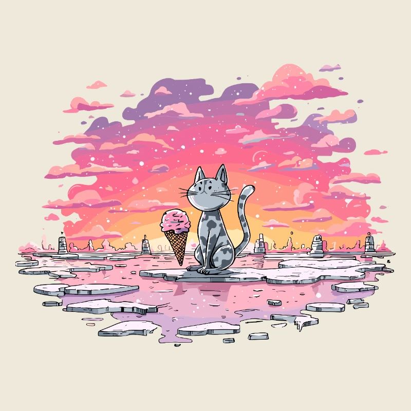 Chat avec une glace au bord du lac du soir