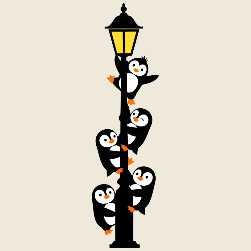 Penguins around a lamppost