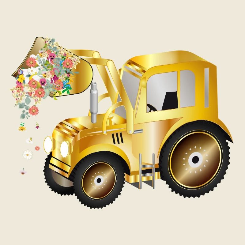 Tractor front loader with blossom flowers and greenery