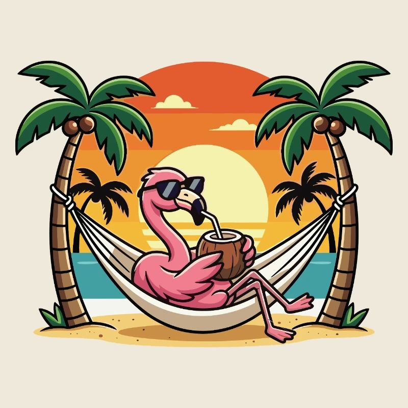 Flamant rose drôle sur le hamac de plage pendant les vacances d’été