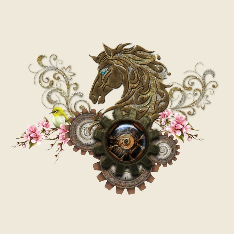 Ce cheval steampunk unique avec des fleurs