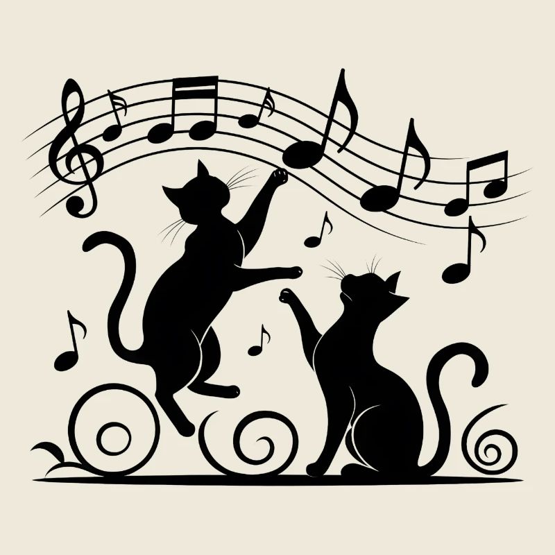Motif chats noirs jouant avec note de musique