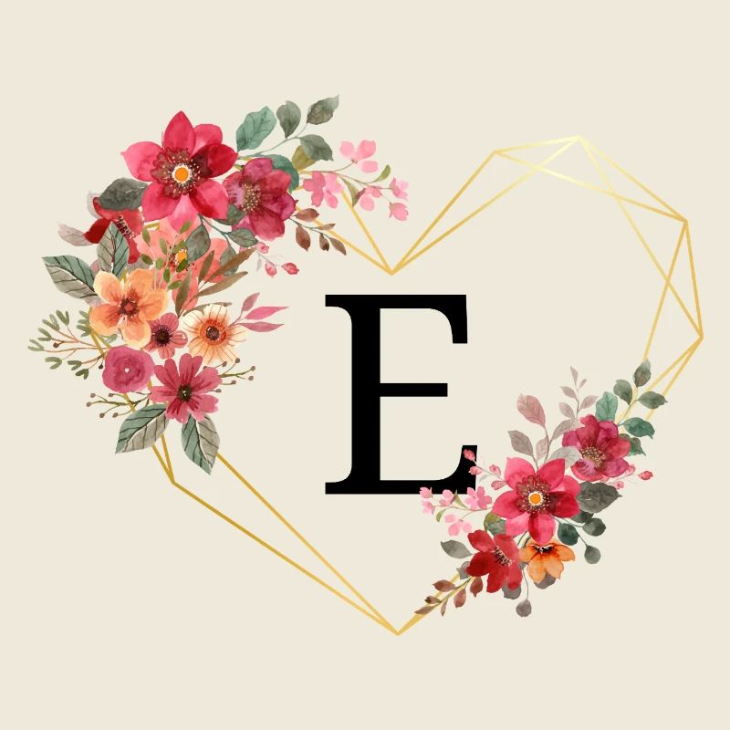 Letter e floral golden heart
