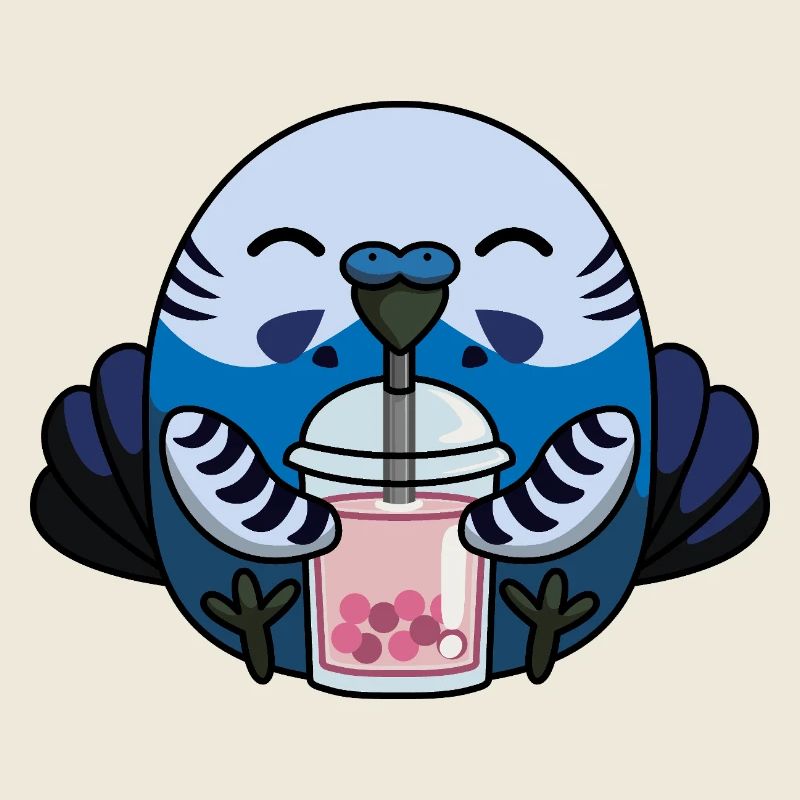 Blauer Wellensittich Vogel mit Bubble Tea