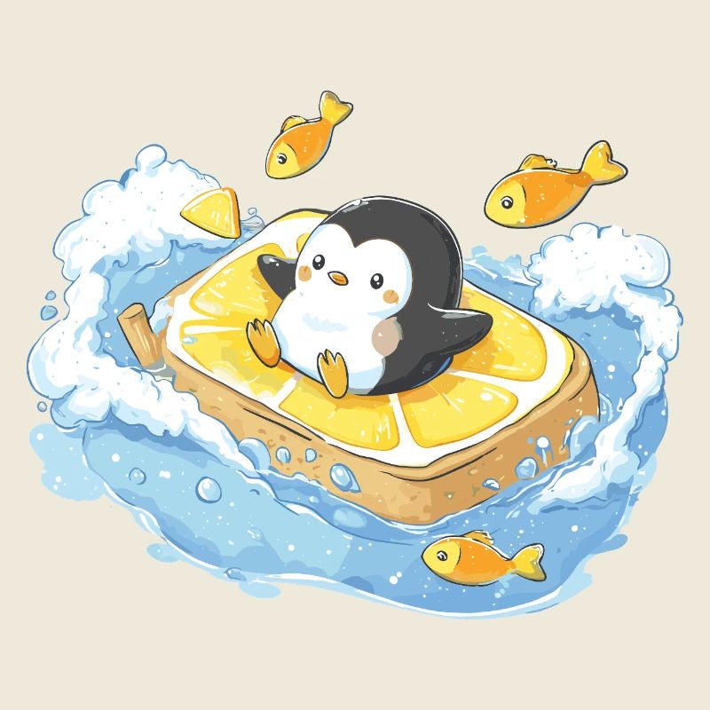 Capitaine Pingouin sur la planche de surf orange