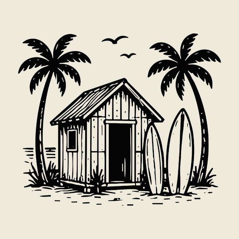 Plage Hutte Surf Planches Palmiers Vacances Été