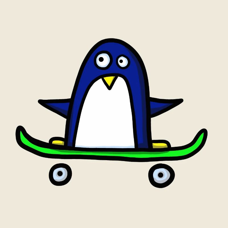 Penguin rides skateboard