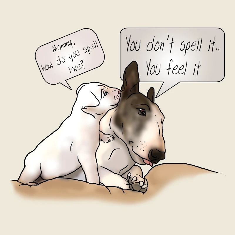 « Comment épeler l’amour » bull terrier avec chiot