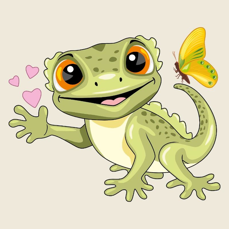 Gecko souriant drôle avec papillon et coeurs