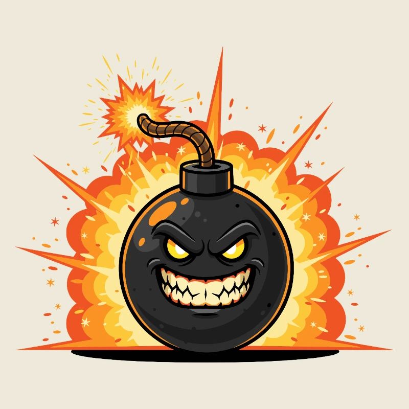 Explosion bomb cartoon with grin