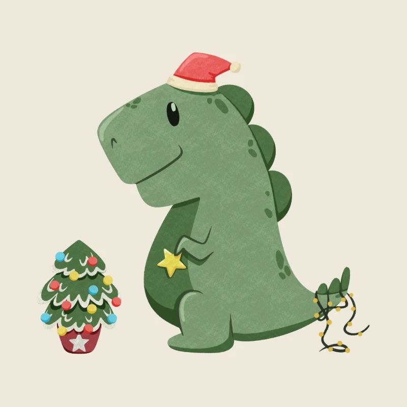 Dinosaure mignon décorant son sapin de Noël