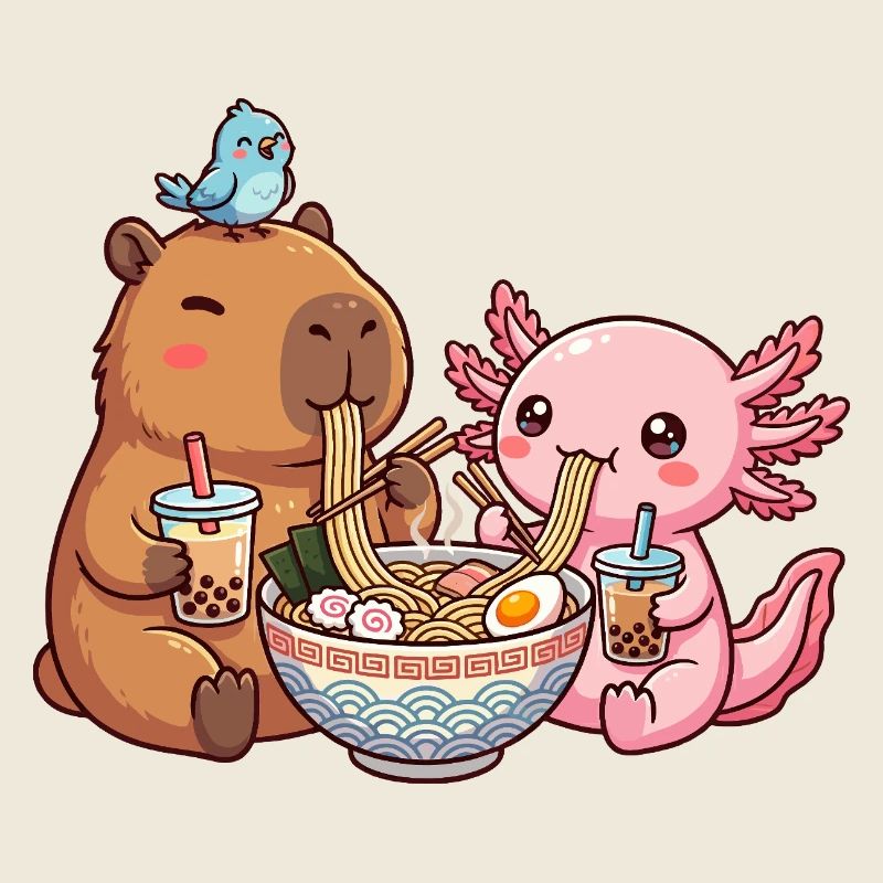 Kawaii Capybara Axolotl Ramen Bubble Tea