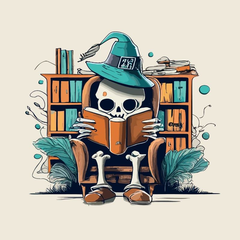 Halloween-Skelett liest ein Buch