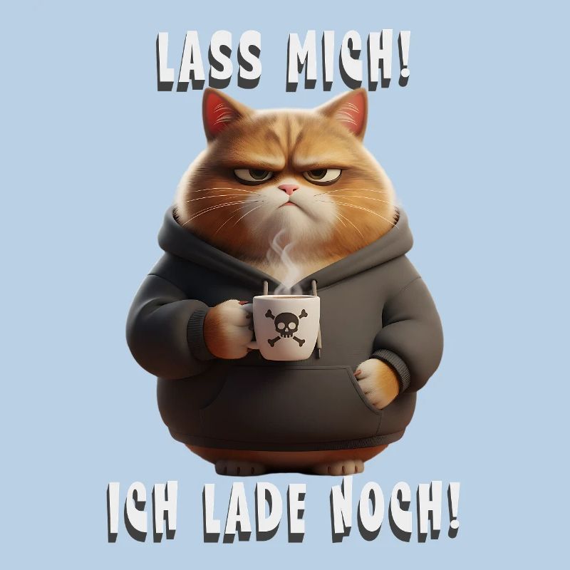 Lass mich! Ich lade noch – Müde Katze mit Kaffee