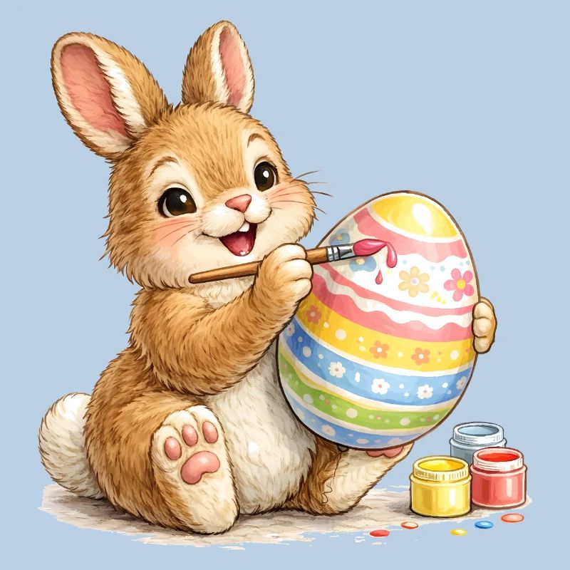 Bunny happily paints a colorful Easter egg