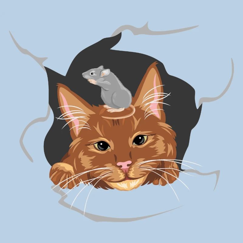 Cat and grey mouse peeks through a broken wall