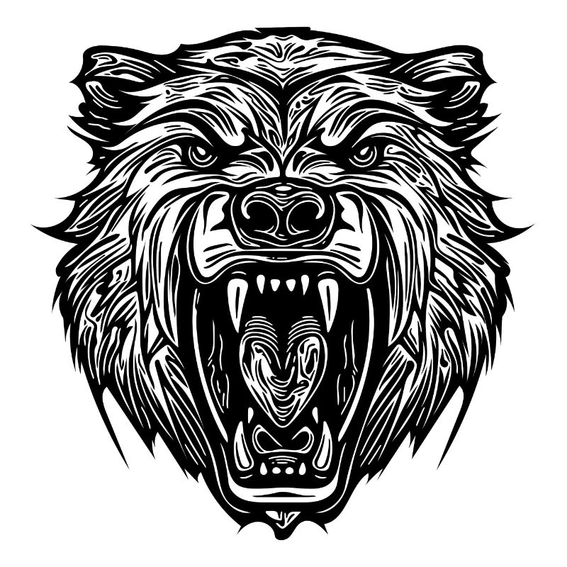 Wild bear's head with sharp teeth