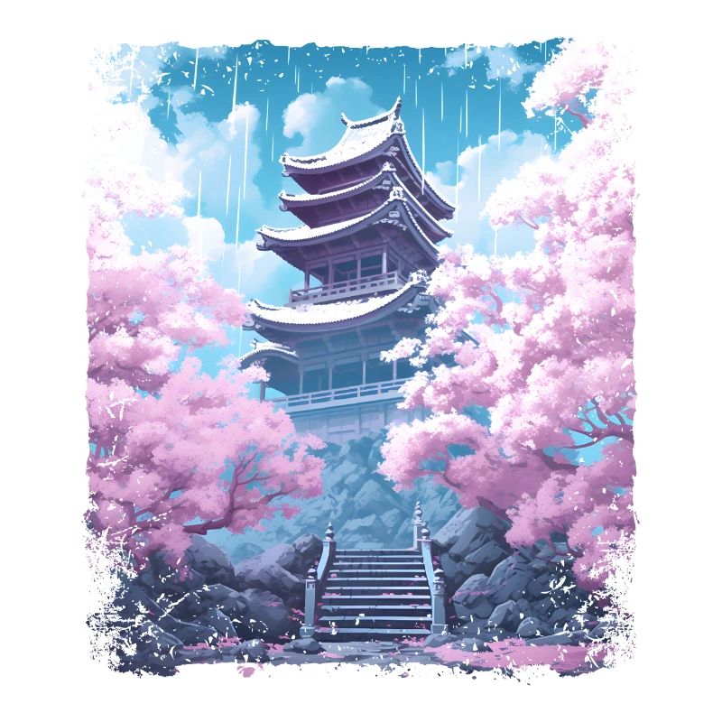 Sakura Tree in a Temple Cherry Blossom Vaporwave
