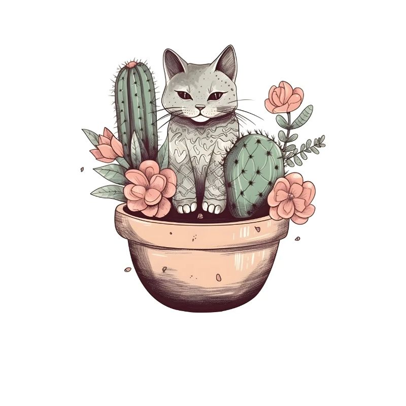 Chat en pot de fleurs avec cactus et fleurs