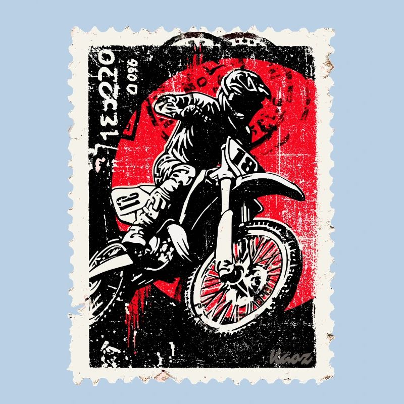 Pilote de motocross devant un timbre-poste soleil rouge