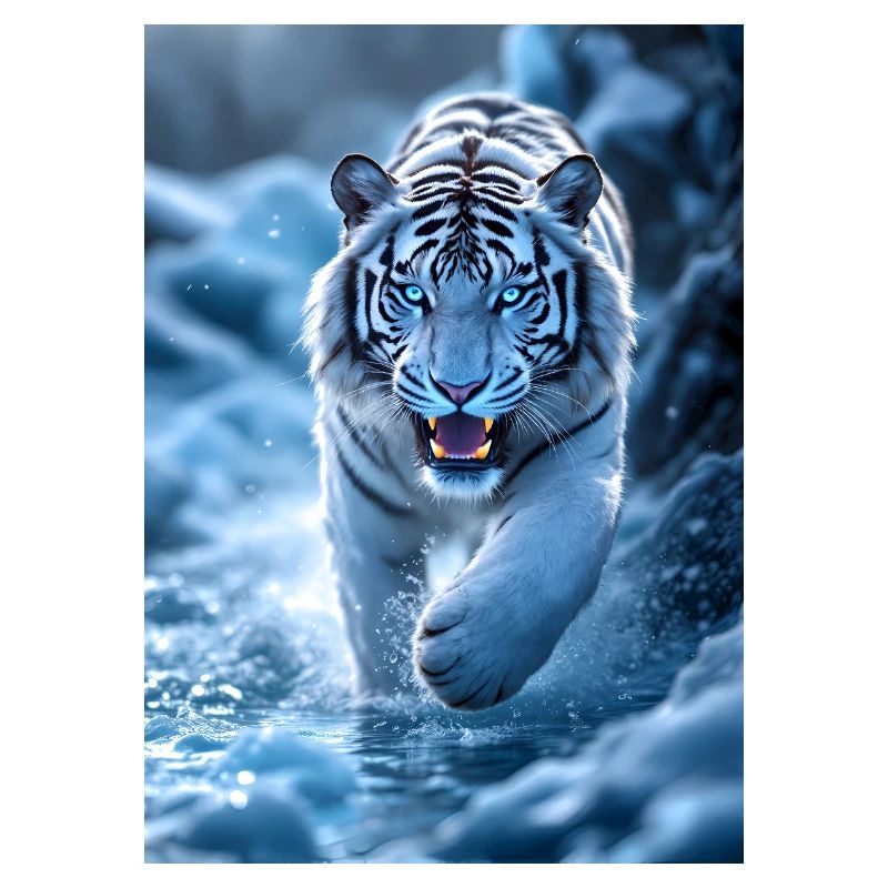 White tiger runs through stream