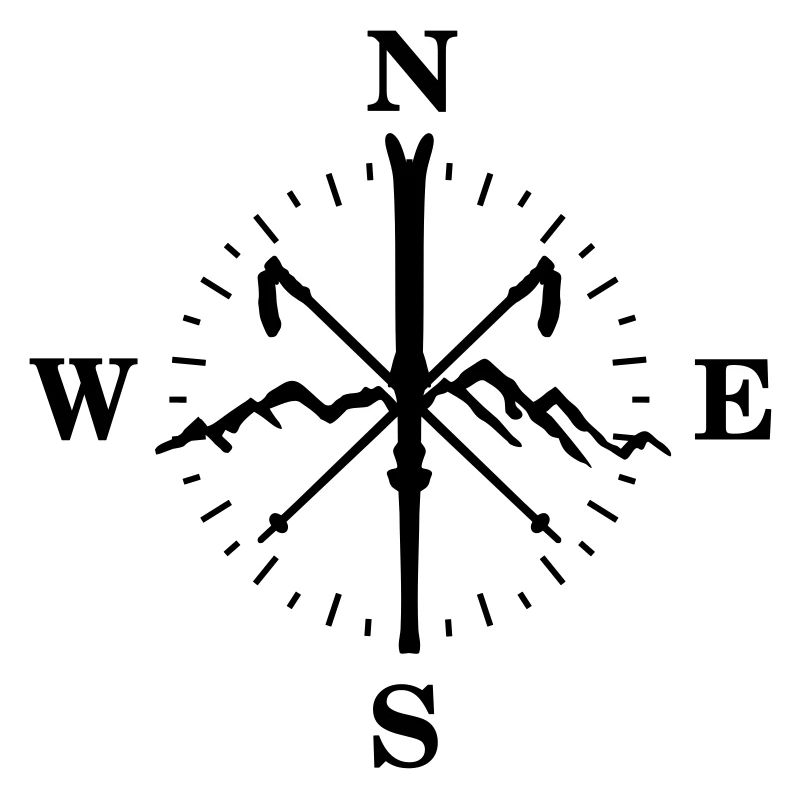 Skiing, skis, mountains and compass with degrees