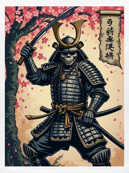 Skelett-Samurai im Kirschblütenwald