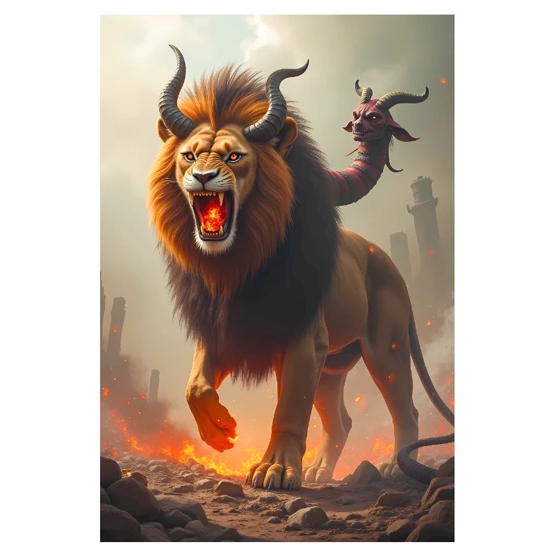 Chimera, three-headed monster, lion breathing fire