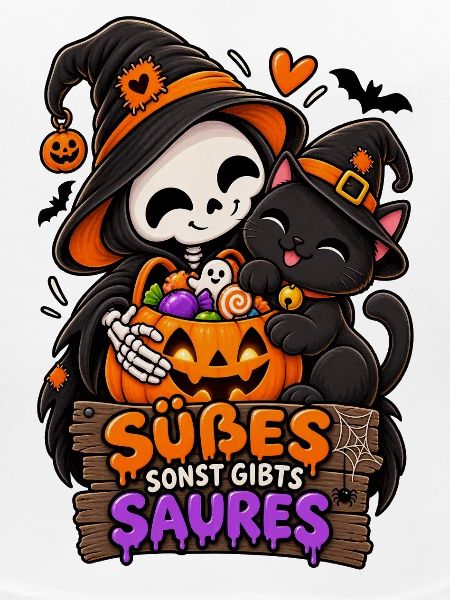 Süßes Skelettchen mit Halloween-Katze