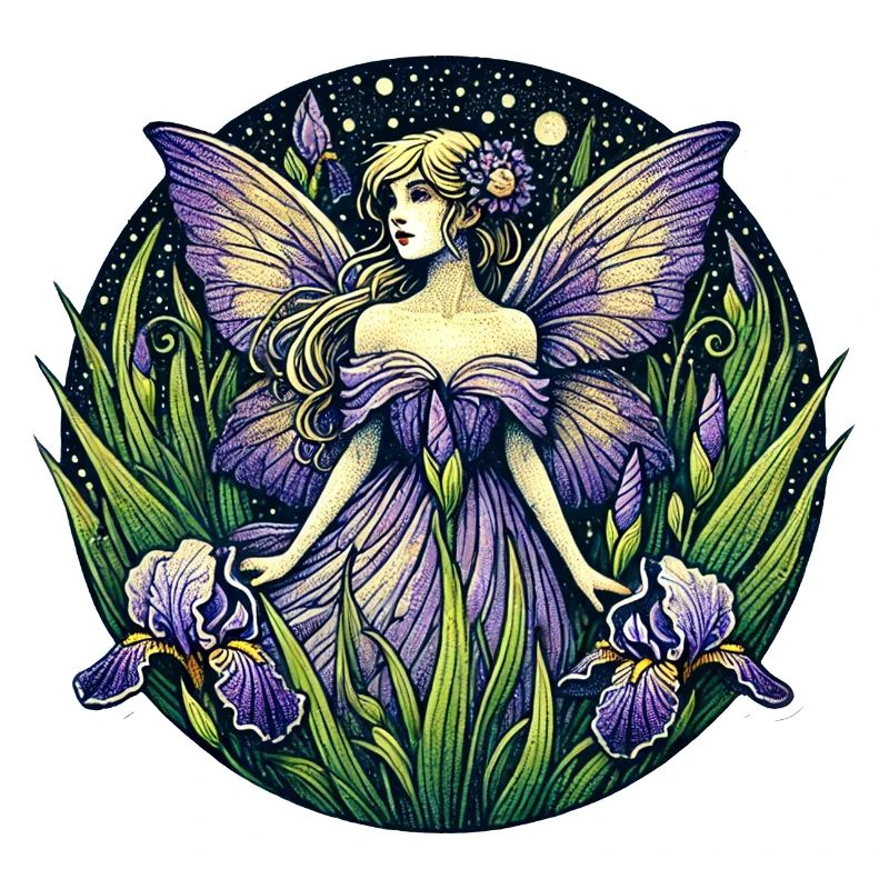 Fée enchantée dans le jardin d'iris