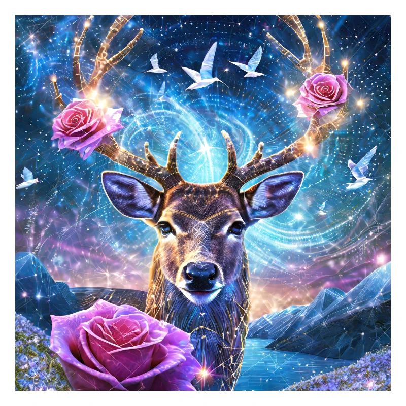 03 Magic Deer Deer Head Roses Flowers Mountains