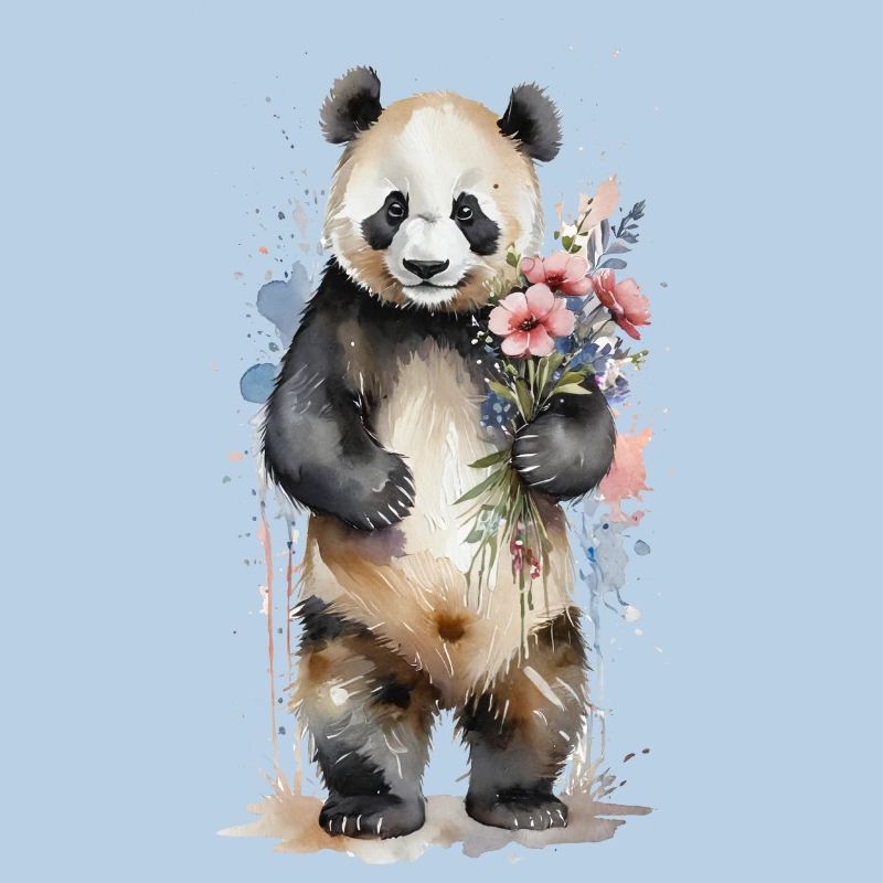 Gentil géant avec des fleurs - Aquarelle Panda