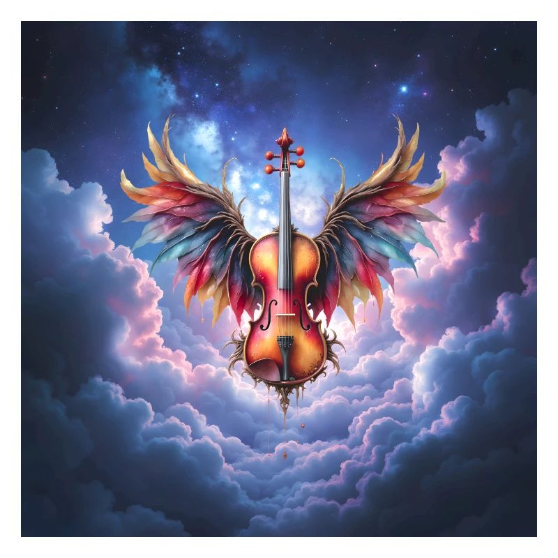 Winged Violin in Rainbow Clouds