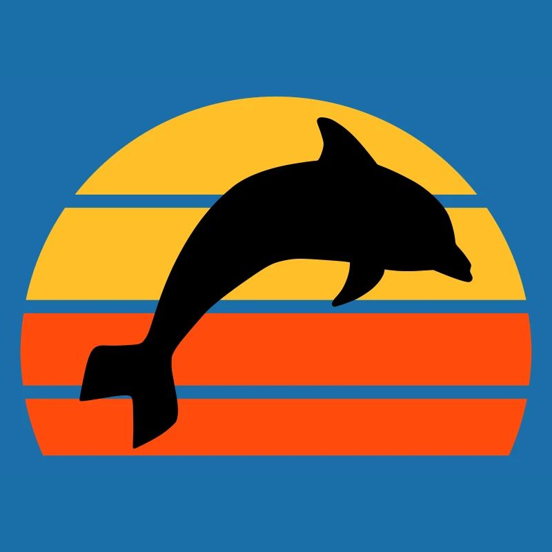 Jumping dolphin in front of a divided half sun