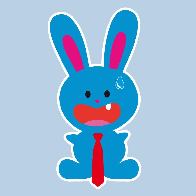 A tooth blue office rabbit with a tie in a panic