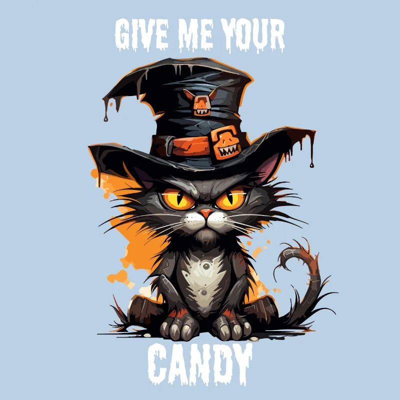 Schwarze Katze mit Hexenhut will Halloween Candy