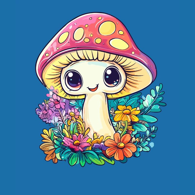 Happy toadstool in the flower field