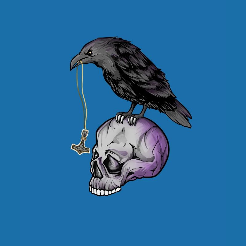Gothic Krähe mit Mjölnir Kette auf Schädel - Goth