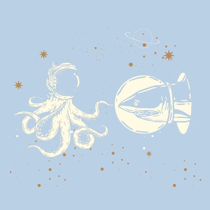 Encounter between shark and octopus in space