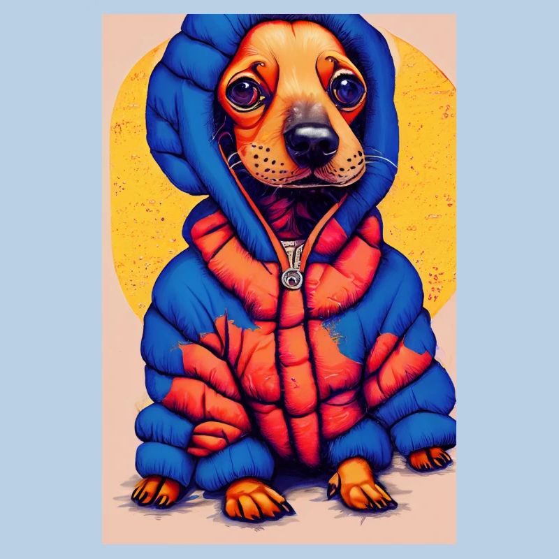 Pop-Art Dackel mit Oversized Puffer-Jacket