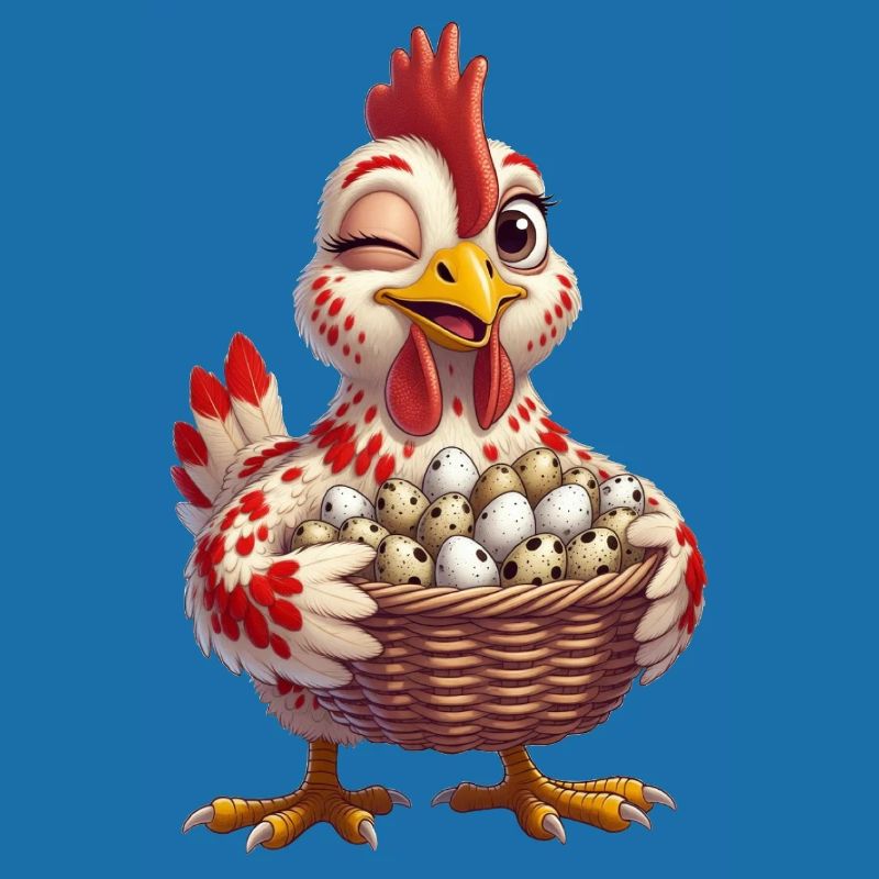 Huhn mit einem Korb voller Eier