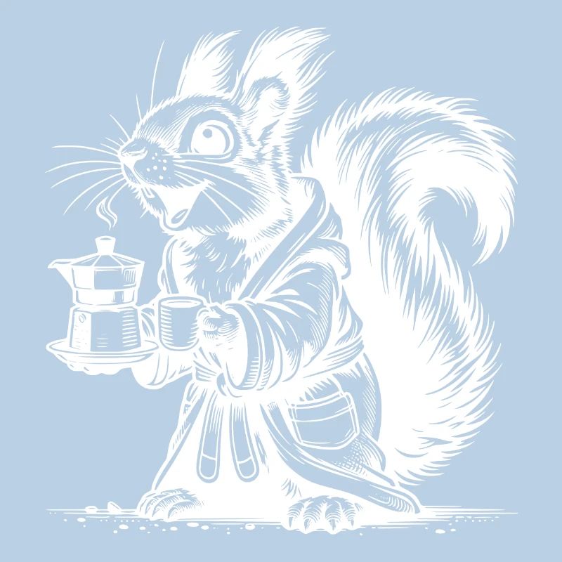 Squirrel with strong coffee in bathrobe