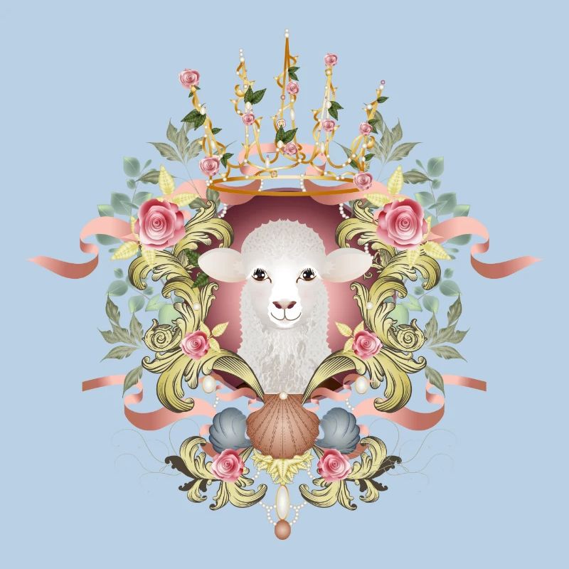 A sheep in a lavishly decorated frame with a crown