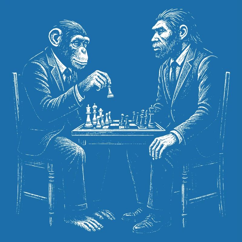 monkey plays chess with homo erectus. Funny design